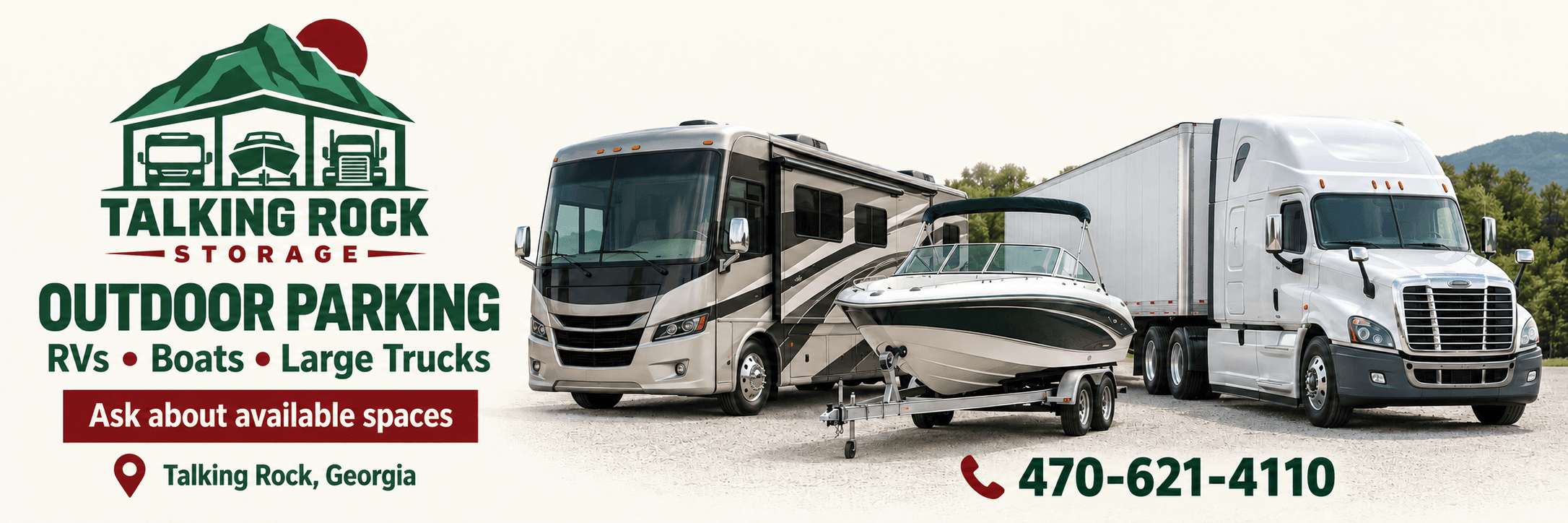 Talking Rock Storage: outdoor parking for RVs, boats, and large trucks in Talking Rock, Georgia. 470-621-4110
